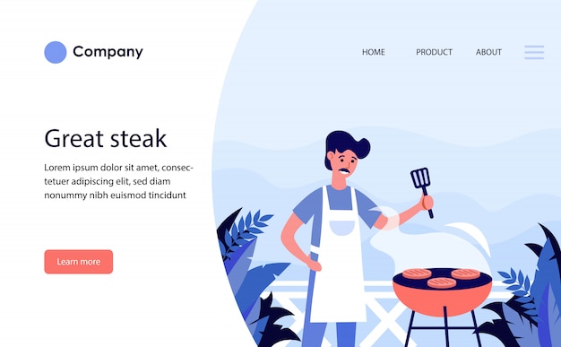 Free Vector man grilling steak outdoors. website template or landing page