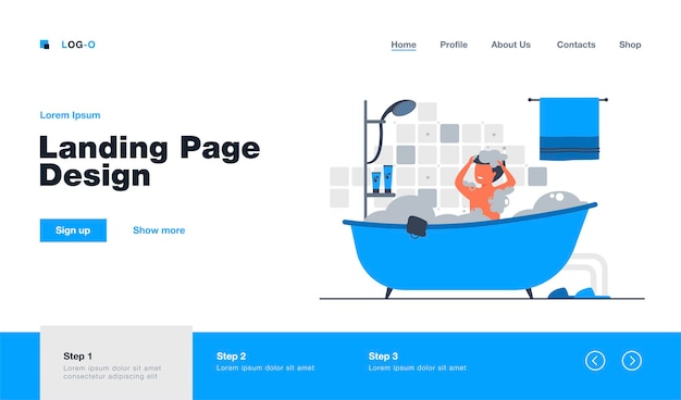 Free Vector man having shower or bath, sitting in bathtub with foam, washing hair landing page in flat style