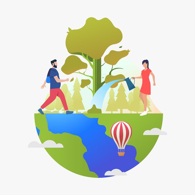 Man hiking and woman watering tree on Earth globe