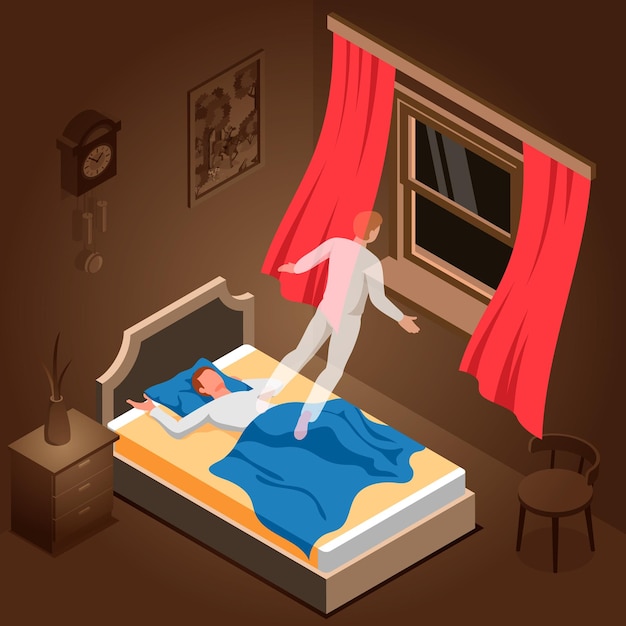 Free Vector man in his bedroom experiencing nightmare 3d isometric vector illustration