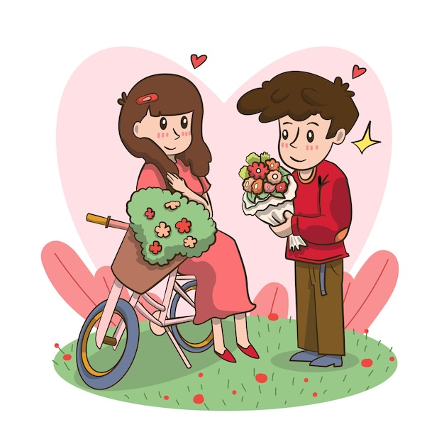 Man holding flowers proposing to woman to marry him happy valentines day concept