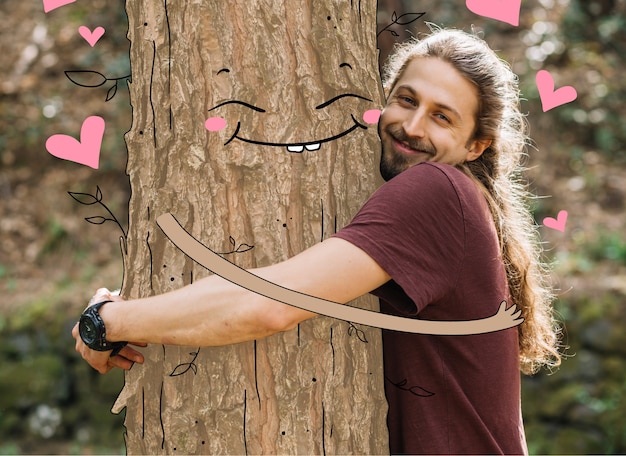 Free Vector man hugging a happy tree