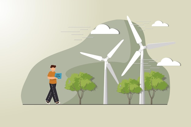 Free vector a man is walking in front of a wind farm