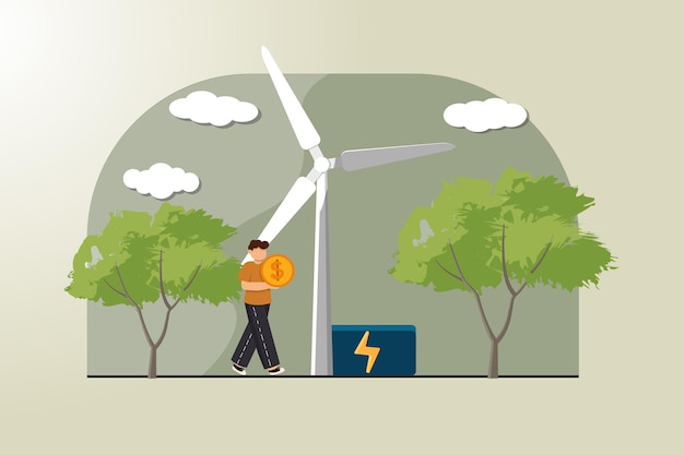 Free Vector a man is walking with a coin in his hand and a wind turbine in the background