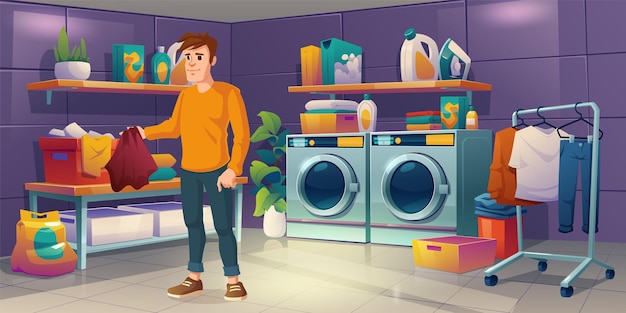 Man in laundry room with machine and iron cartoon