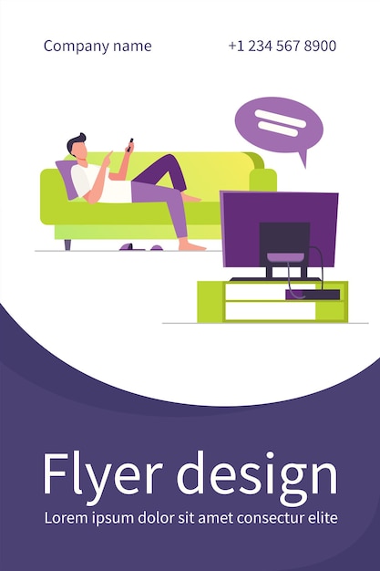 Man lying on sofa and watching TV. Channel, information, rest flat Flyer template