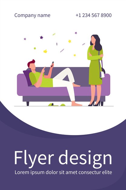 Man lying on sofa when woman standing and looking at him. Couch, laziness, wife flat Flyer template