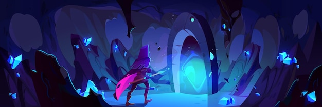 Free vector man in medieval costume with spear in dark cave with stone walls and blue gem crystals enters mystical glowing portal to another dimension or game level cartoon vector illustration of magic door