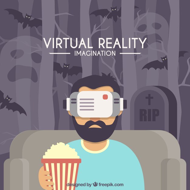 Man playing virtual reality with popcorn