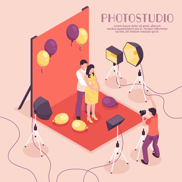 Man and pregnant woman having photo shoot in professional studio, isometric illustration