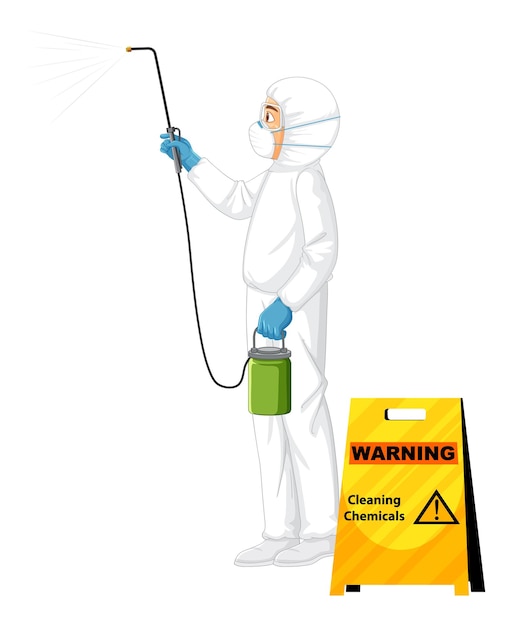 Man in protective hazmat suit with cleaning chemicals sign