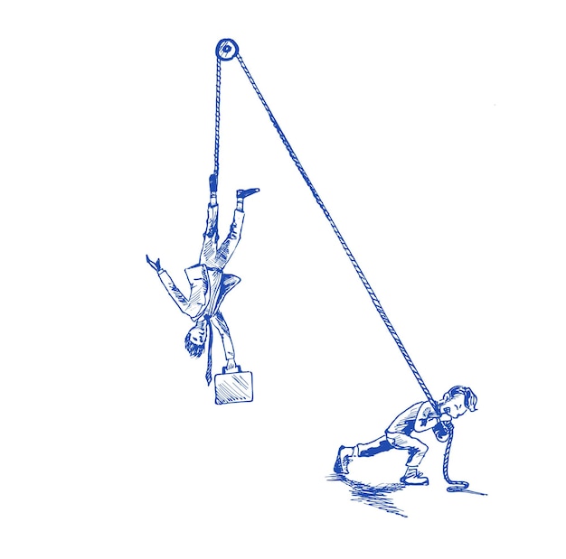 Man pulling Businessman hanging by a rope Vector illustration