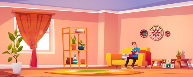 Man read book at home, young male character sitting on couch in bohemian style interior relaxing reading interesting literature or prepare to examination, education concept