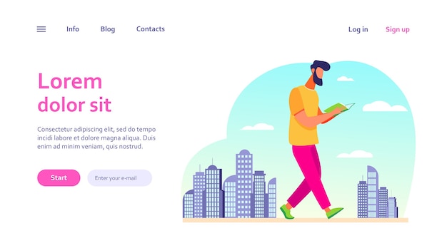 Man reading book while walking in city. Student doing homework on run. Studying, education, reader concept for website design or landing web page