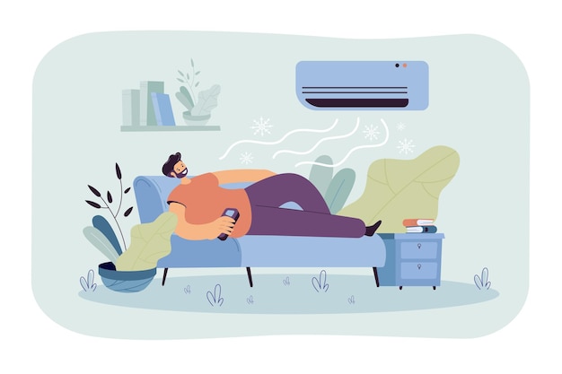 Free vector man relaxing on couch under cold air flow from conditioner.  cartoon illustration