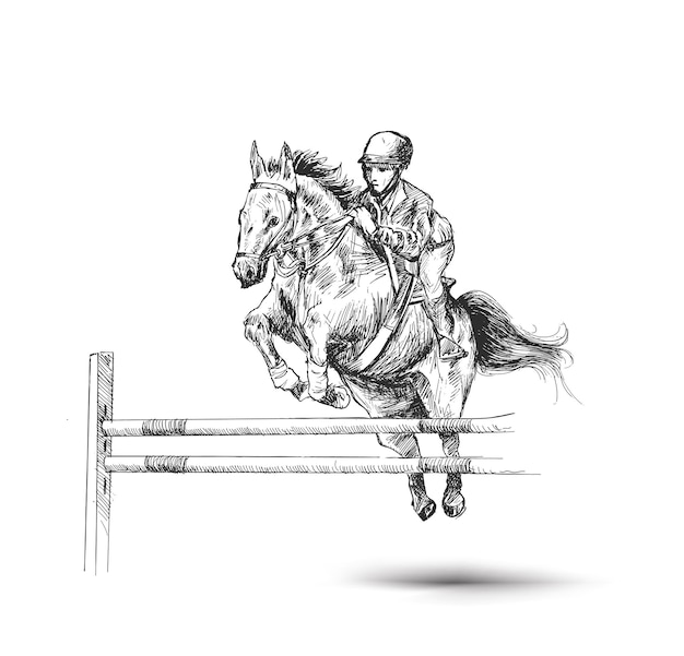 Man rider on bay horse jumping over hurdle on equestrian sport competition