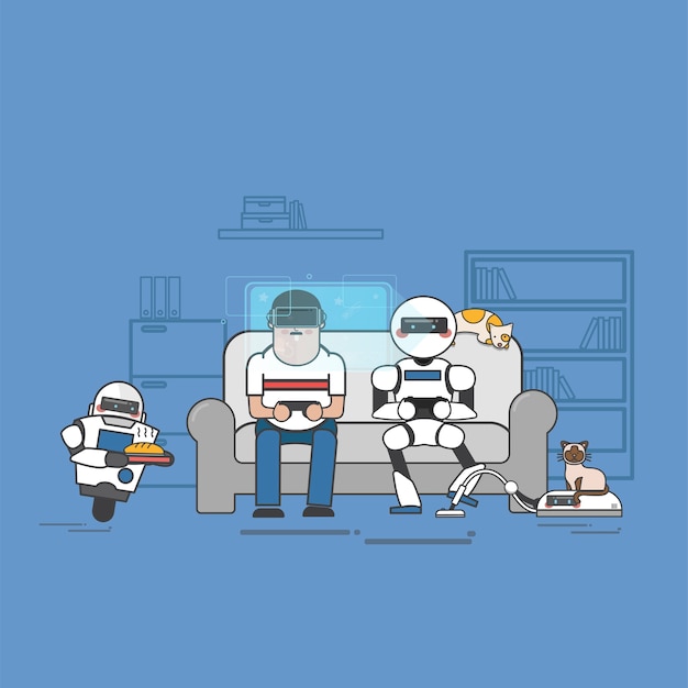 Free Vector man and robot playing video games