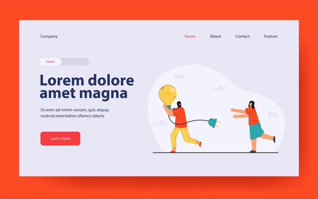 Man running away with stolen idea symbolized by light bulb landing page in flat style