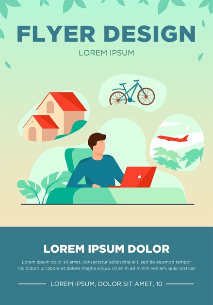 Man sitting at computer and planning his vacation. Office worker thinking about country house, travel by bike or plane. Vector illustration for dream, thought, lifestyle, wealth concept