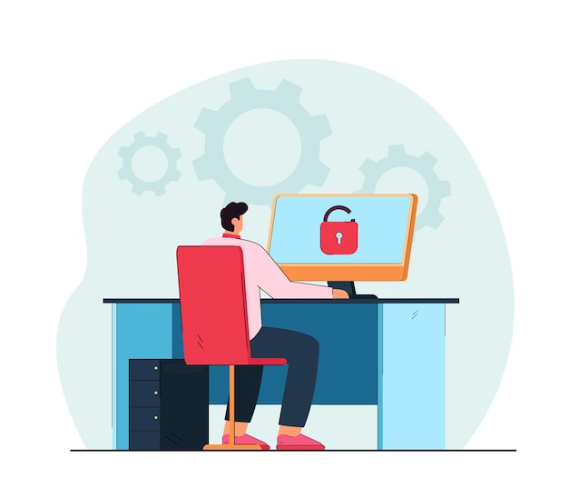 Free vector man sitting at desk and unlocking computer. computer settings, login flat illustration