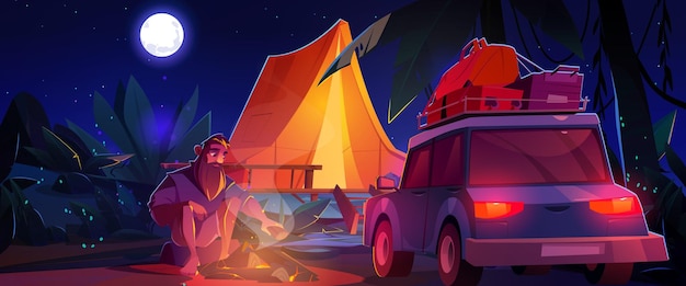 Free vector man sitting near campfire tent and car at night