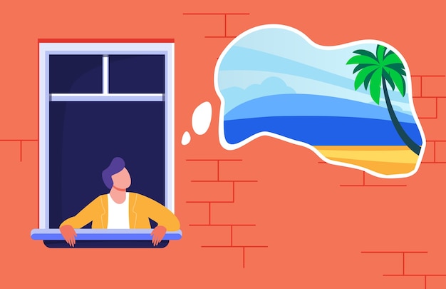 Free Vector man staying at home and dreaming about tropical vacation. palms and beach in thought bubble flat vector illustration. lockdown, travel ban