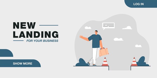 Man stepping into hole flat vector illustration. Person inattentively walking into pit, bounded by warning cones, looking in other direction. Accident, inattention, fail concept for banner design