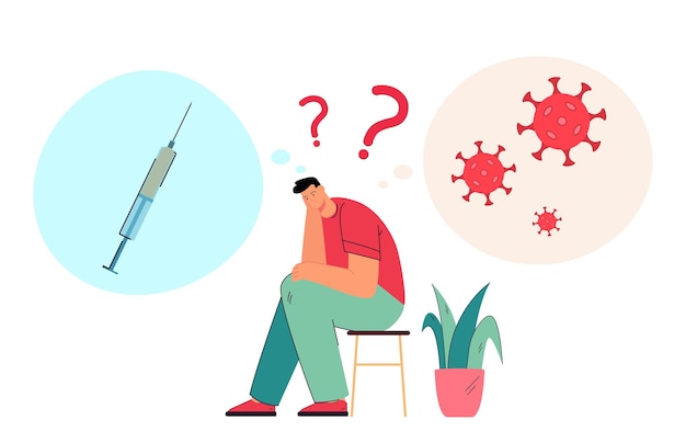 Man thinking about vaccine and coronavirus. Male character choosing between risk of vaccine and disease flat vector illustration. Health, vaccination, medicine concept for banner, website design