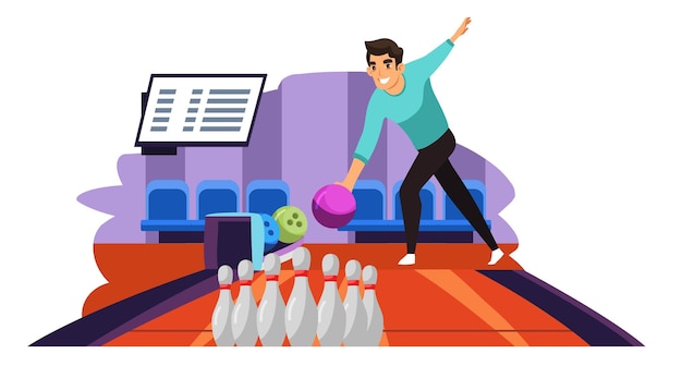 Man throwing ball playing bowling. Night entertainment, fun leisure activity.