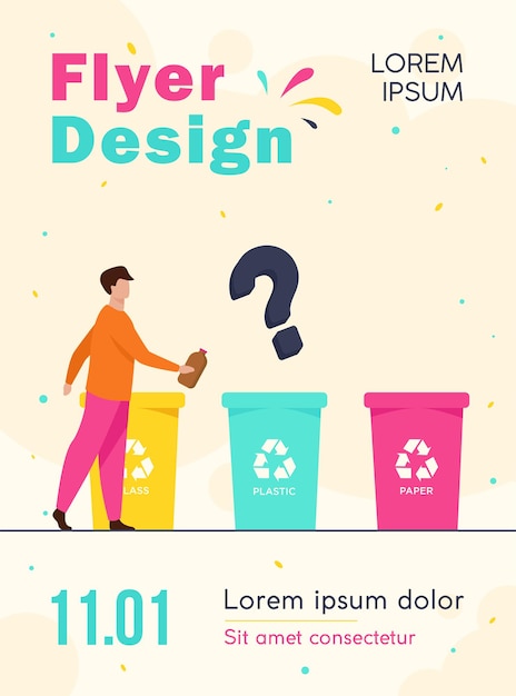 Free Vector man throwing out plastic bottle to right container flyer template