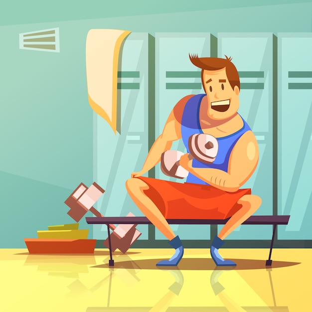 Man training arm muscles with dumbbells in a gym cartoon