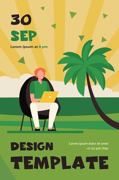 Free Vector man using laptop on tropical beach. freelancers workplace with armchair outdoors flat flyer template