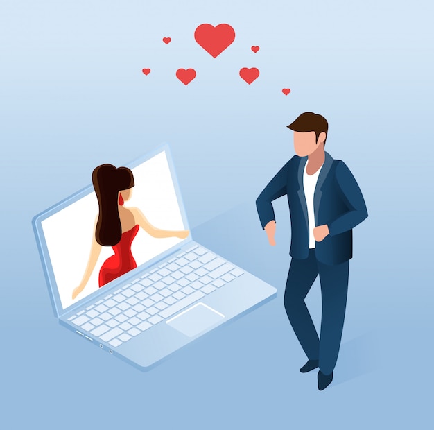 Free vector man using online dating application on notebook