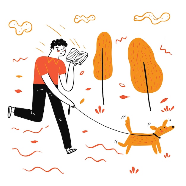 The man walking dog reading a favorite book, Illustration doodle style