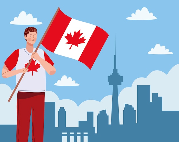 man waving canada flag character scene