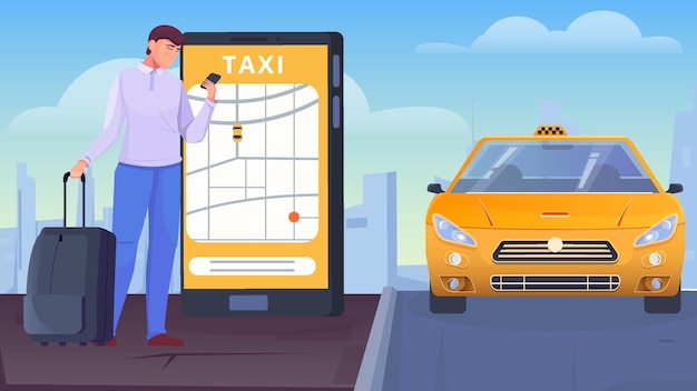 Free Vector a man with bags orders a taxi through the app flat illustration