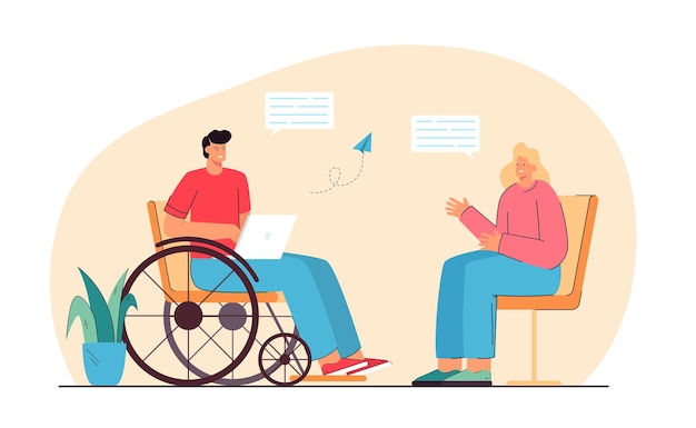 Man with disability communicating with woman online. Person sitting in wheelchair flat illustration.