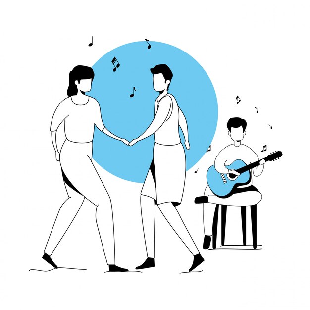 Man with guitar and couple dancing