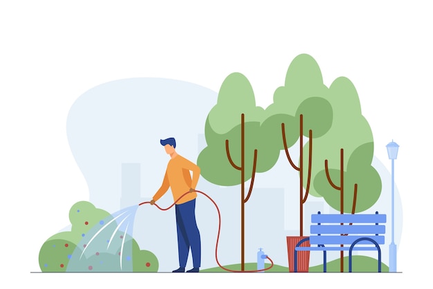 Man with hose watering bush in city park. Gardener, state worker, municipal service flat vector illustration. Urban greening, landscaping work concept