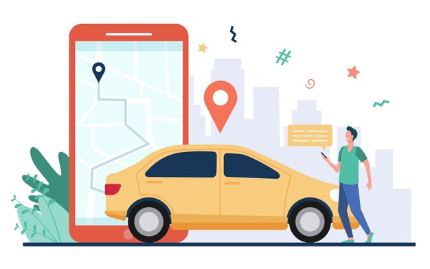 Man with map on smartphone renting car. Driver using car sharing app on phone and searching vehicle. Vector illustration for transport, transportation, urban traffic, location app concept.