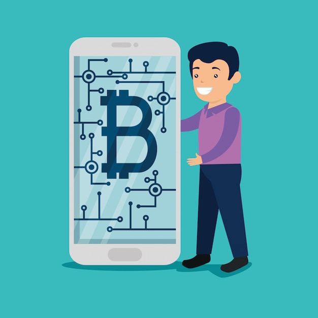 Man with smartphone with digital bitcoin currency