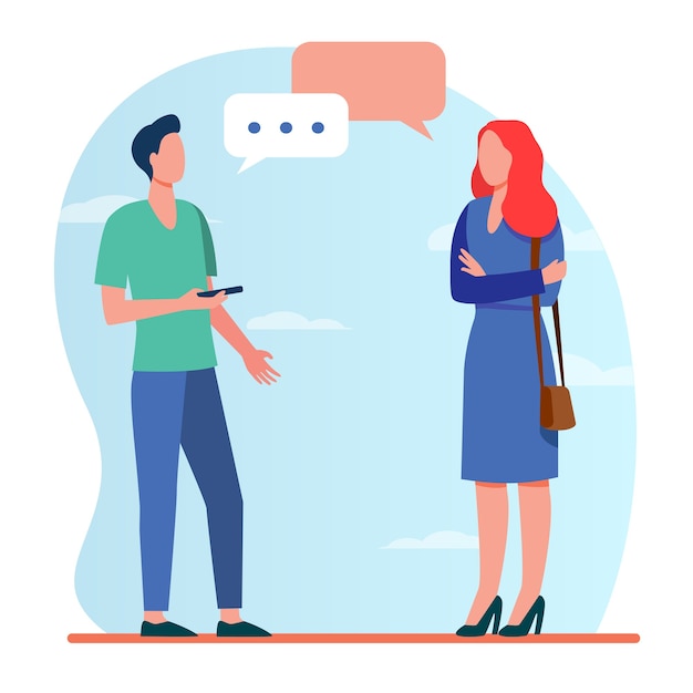 Free Vector man with smartphone and woman talking outside. conversation, speech bubble, asking destination flat vector illustration. communication