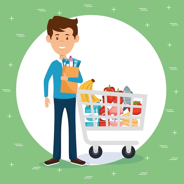 man with supermarket groceries in shopping bag