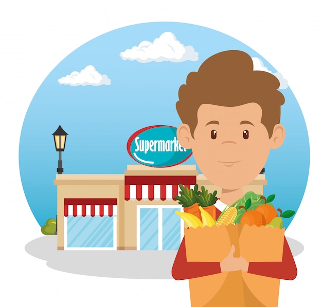 Free Vector man with supermarket groceries in shopping bag