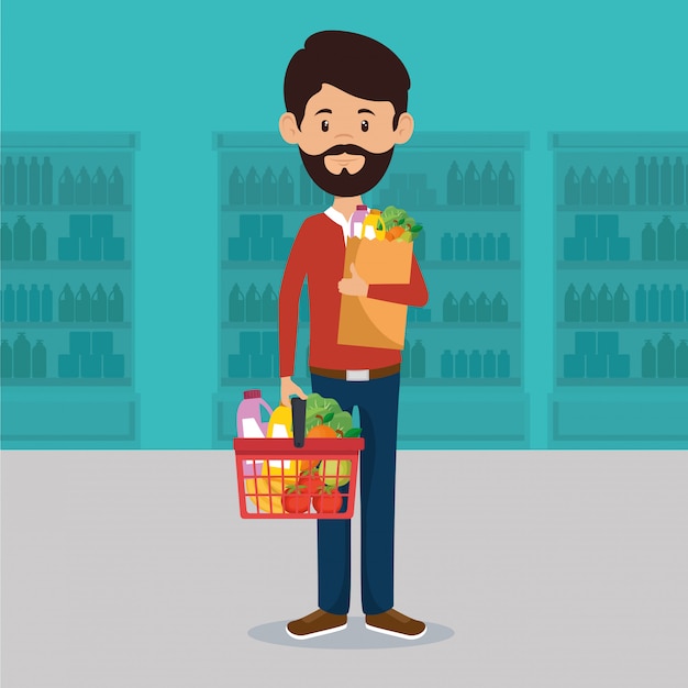 man with supermarket groceries in shopping bag