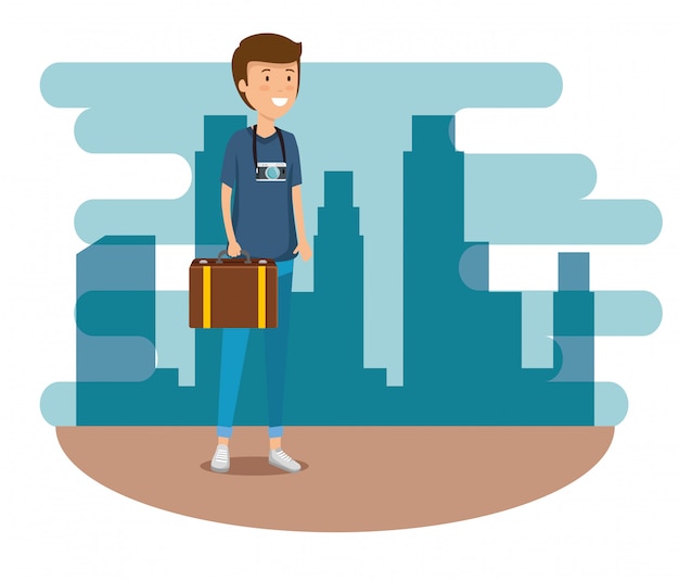 Free Vector man with travel baggage and camera to journey