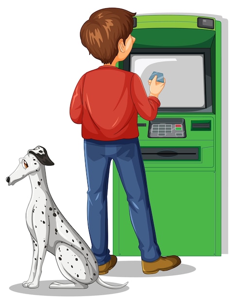 Free Vector man withdraw money from atm machine with a dog