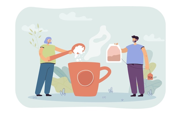 Free vector man and woman brewing huge cup of tea. flat  illustration