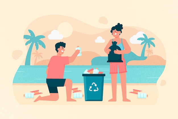 Man and woman cleaning beach illustration