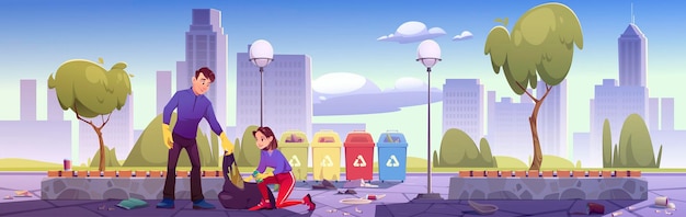 Free Vector man and woman collect garbage in public garden and put it to recycling containers  cartoon   illustration